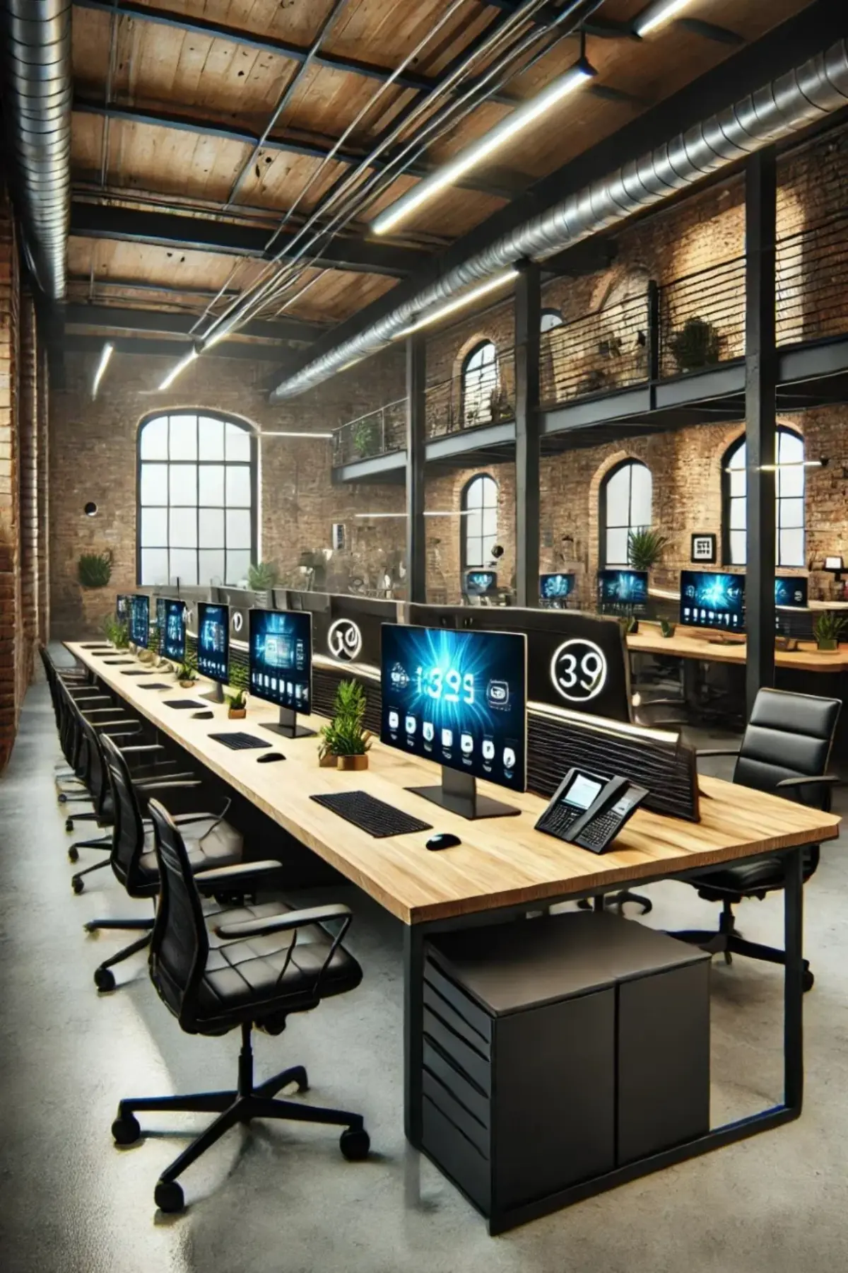 دکوراسیون اداری فضای کار اشتراکی با میز چوبی و فلزی مشکی و سقف چوبی و فلزی