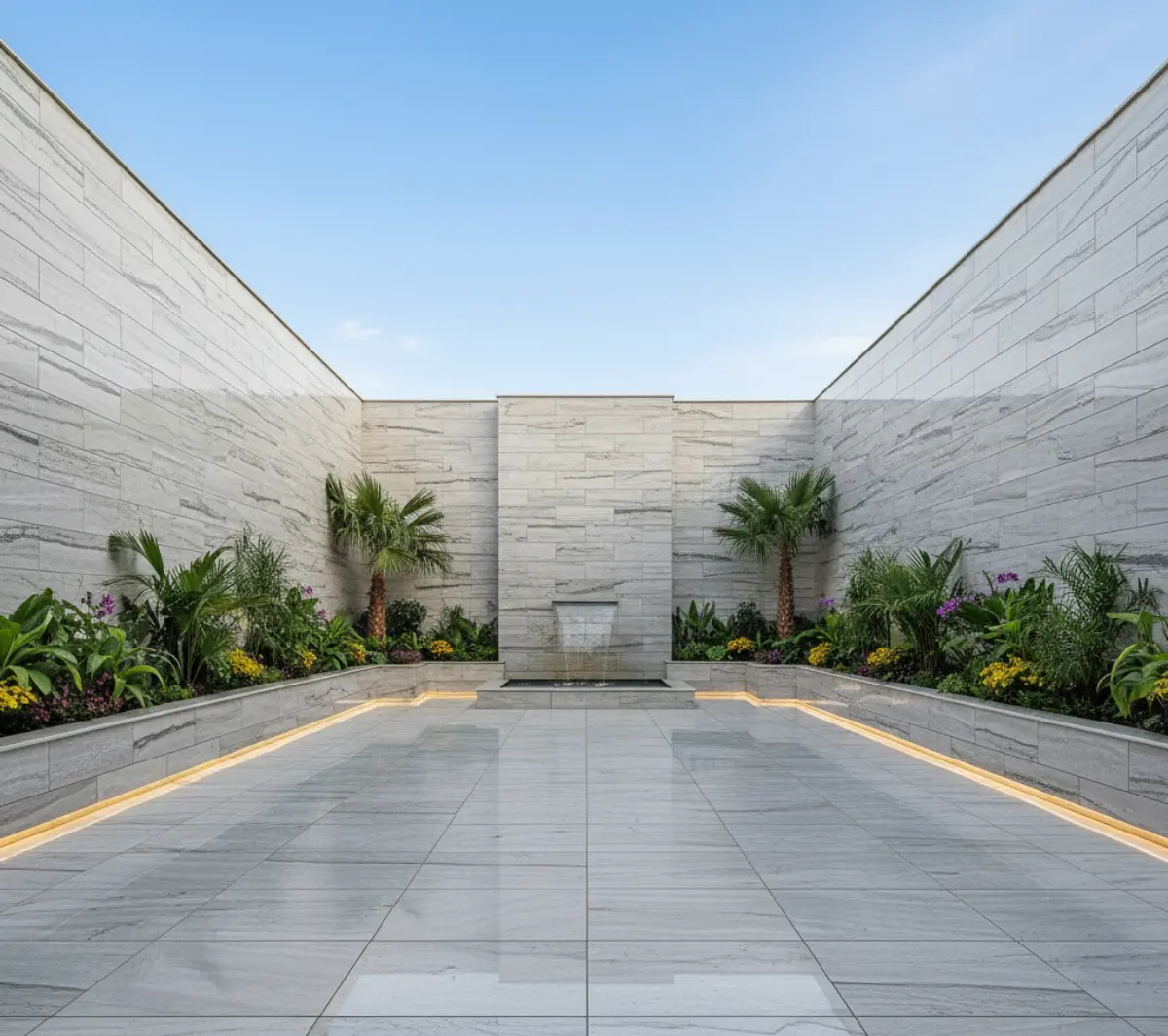 تراورتن سفید برای کف و دیوار حیاط با نورپردازی مخفی