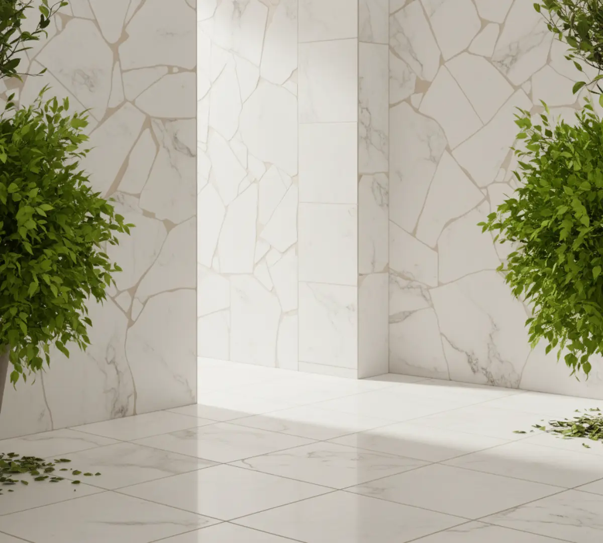 حیاط با دیوار و کف سنگ تراورتن سفید