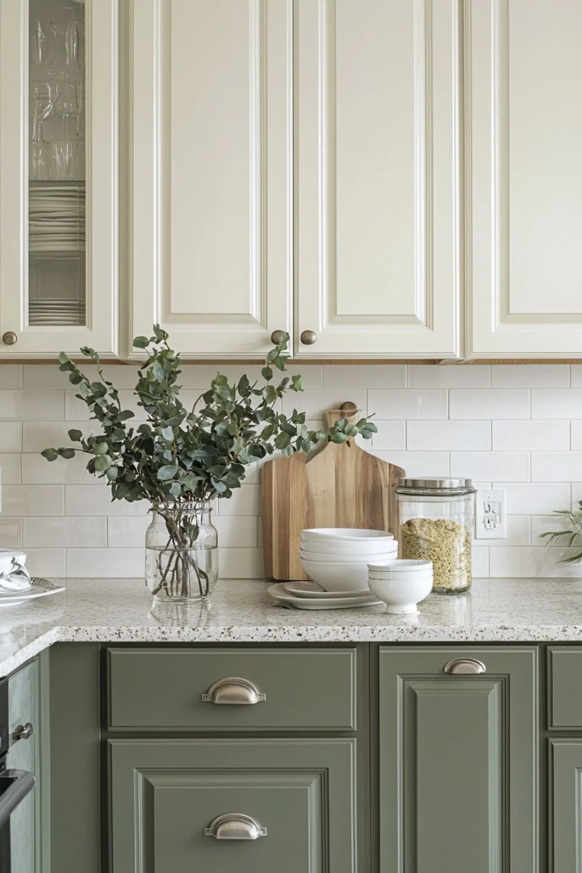 صفحه کابینت سه سانتی سفید طرح سنگ با رگه‌های مشکی و گلدان‌های طبیعی و کابینت نئوکلاسیک سفید سبز