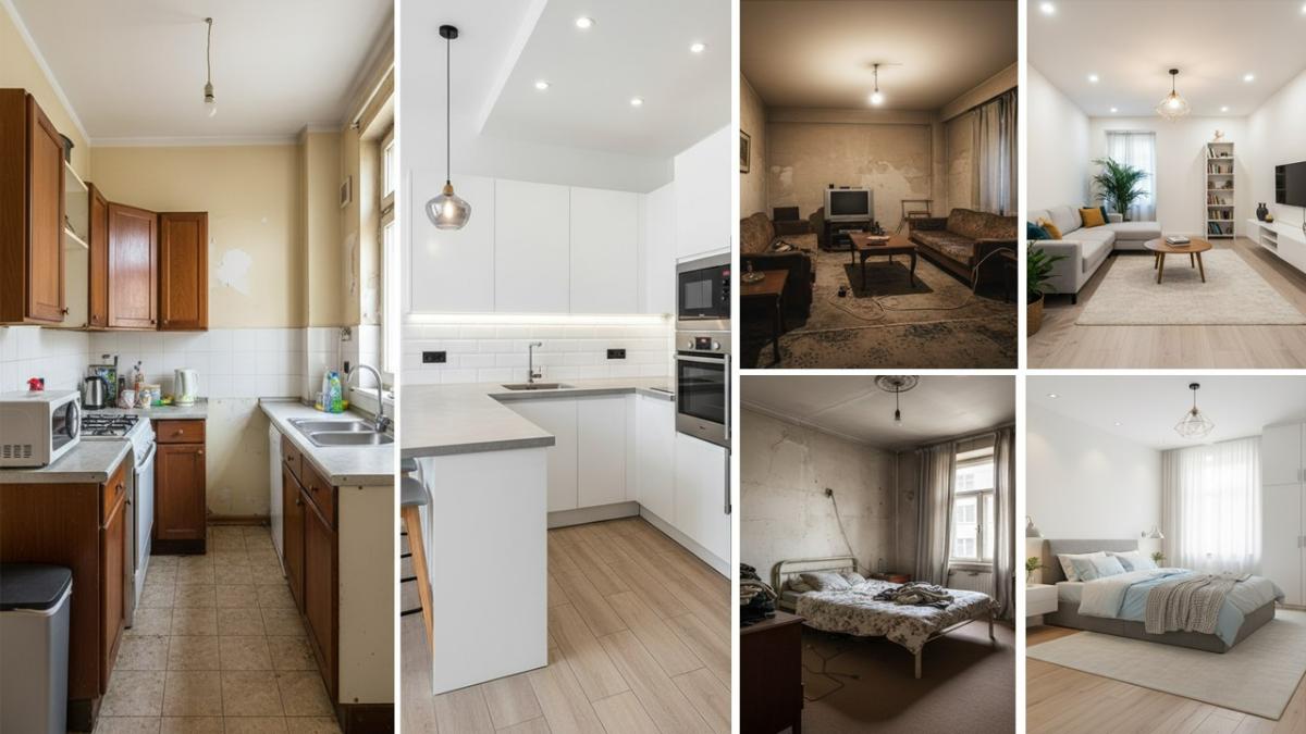 تصویر شاخص قبل و بعد بازسازی آشپزخانه، اتاق خواب و نشمین