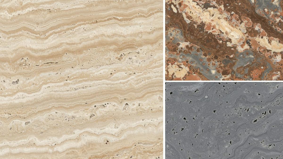 تصویر شاخص سه تا سنگ تراورتن کرم، طوسی و چند رنگی