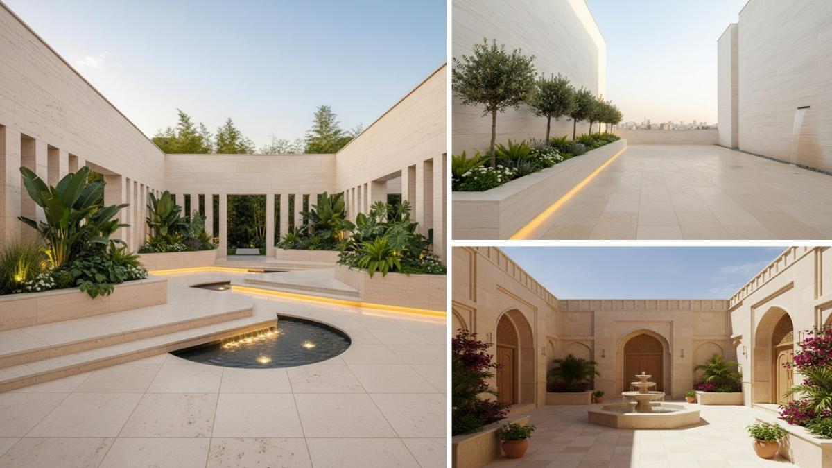 تصویر شاخص سه حیاط با دیوار و کفپوش سنگی تراورتن رنگ سفید و بژ