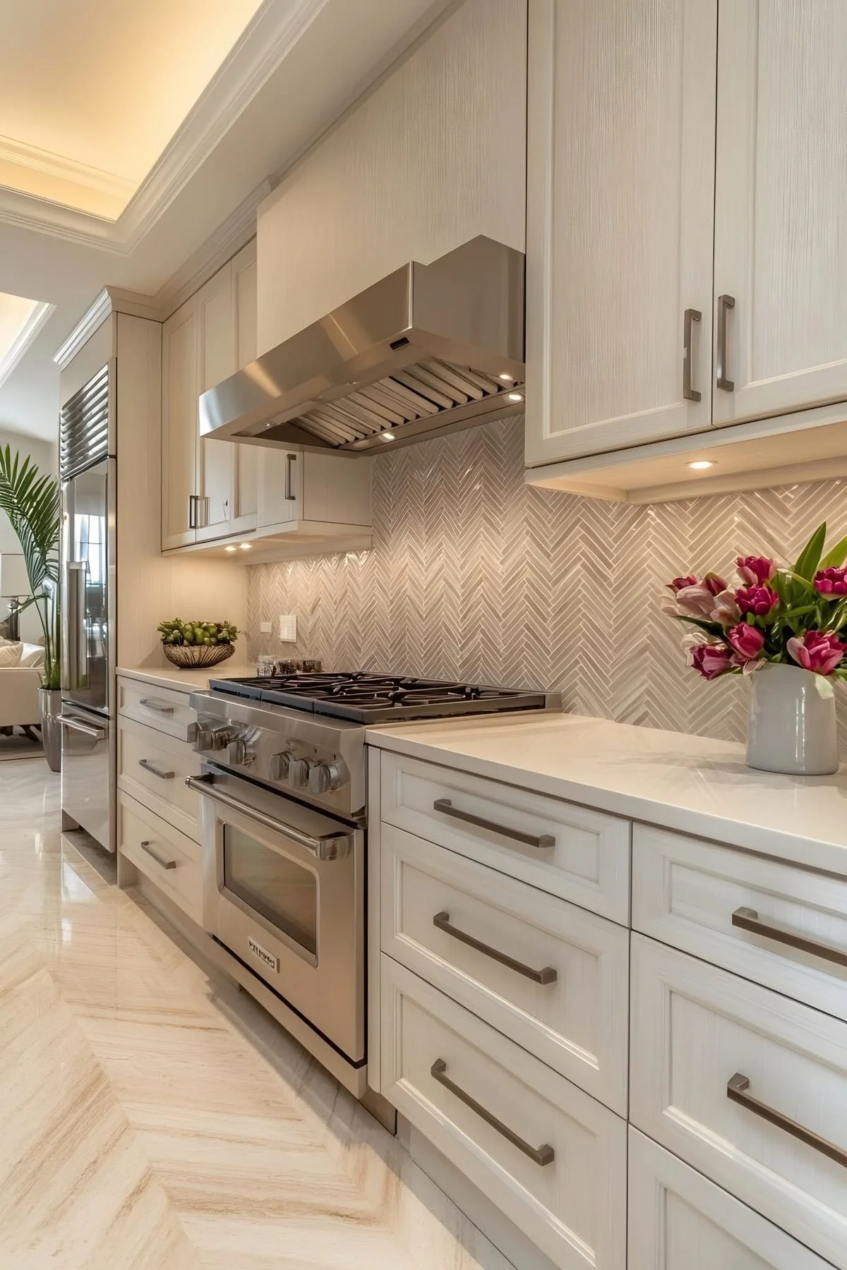 صفحه کابینت سفید سه سانتی سفید با کابینت نئوکلاسیک سفید و صفحه بین کابینتی طوسی طرح دار