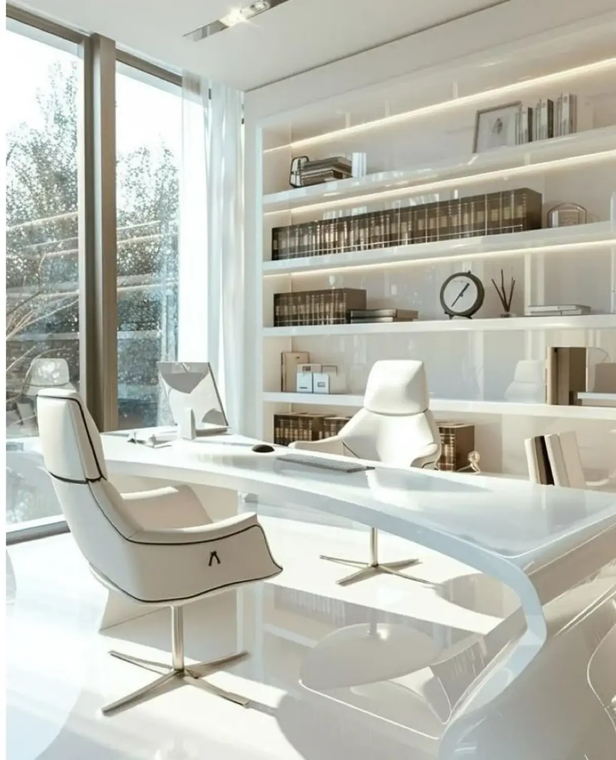 دکودراسیون اداری با میز، صندلی و کتابخانه سفید