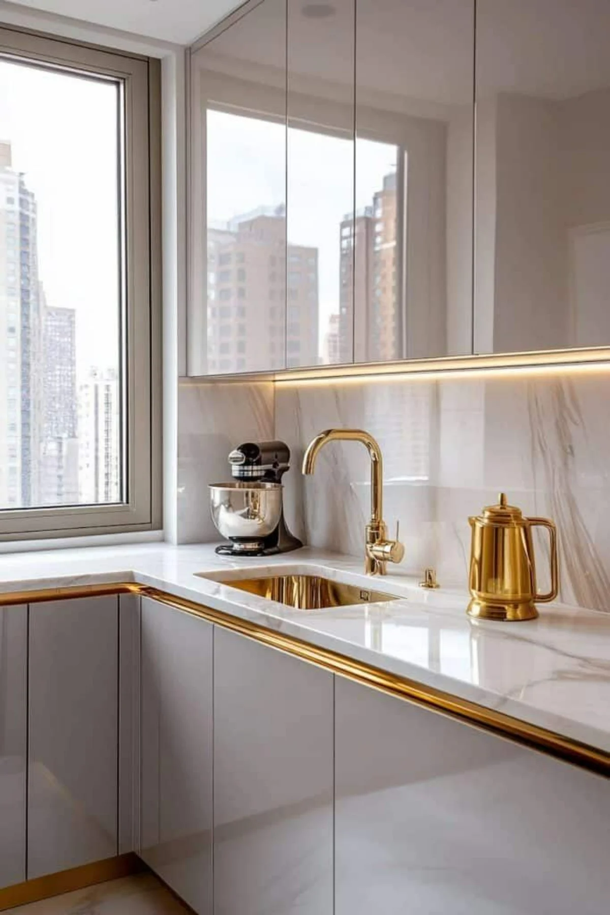 صفحه کابینت طرح سنگ سفید براق برای کابینت مدرن سفید