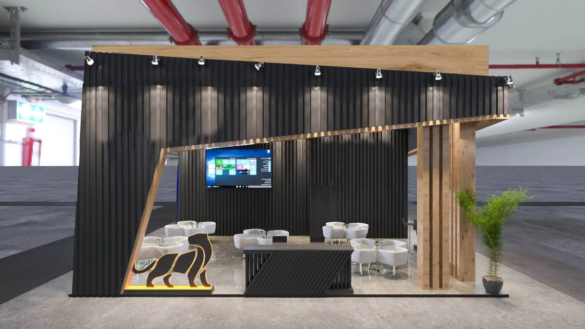 غرفه نمایشگاهی چوبی مشکی و نسکافه ایی با طراحی مدرن