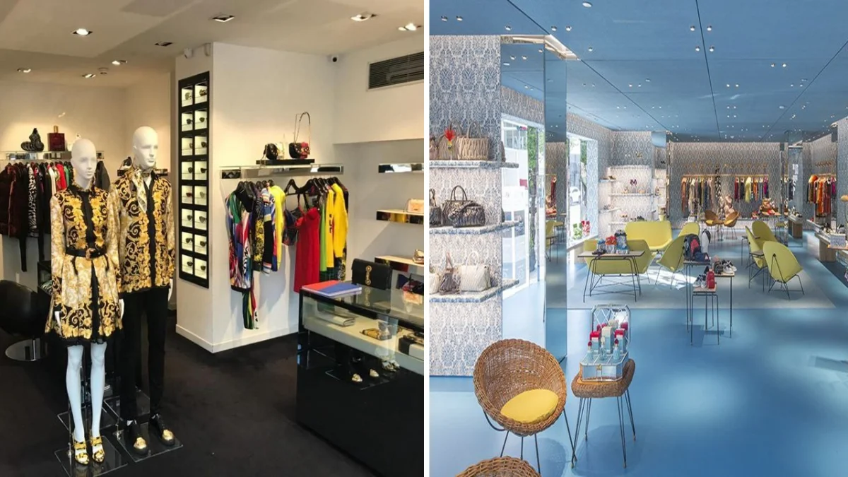 دکوراسیون ورساچه و میومیو با دیوارهای سفید و کفپوش آبی