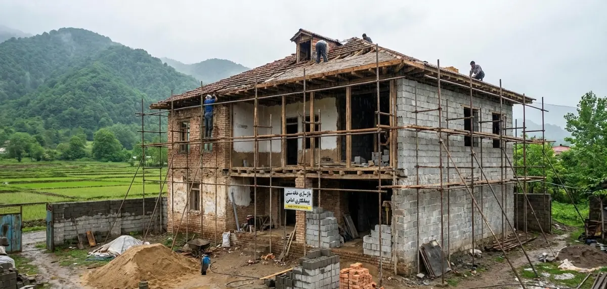 ساختمان در حال بازسازی در روستا