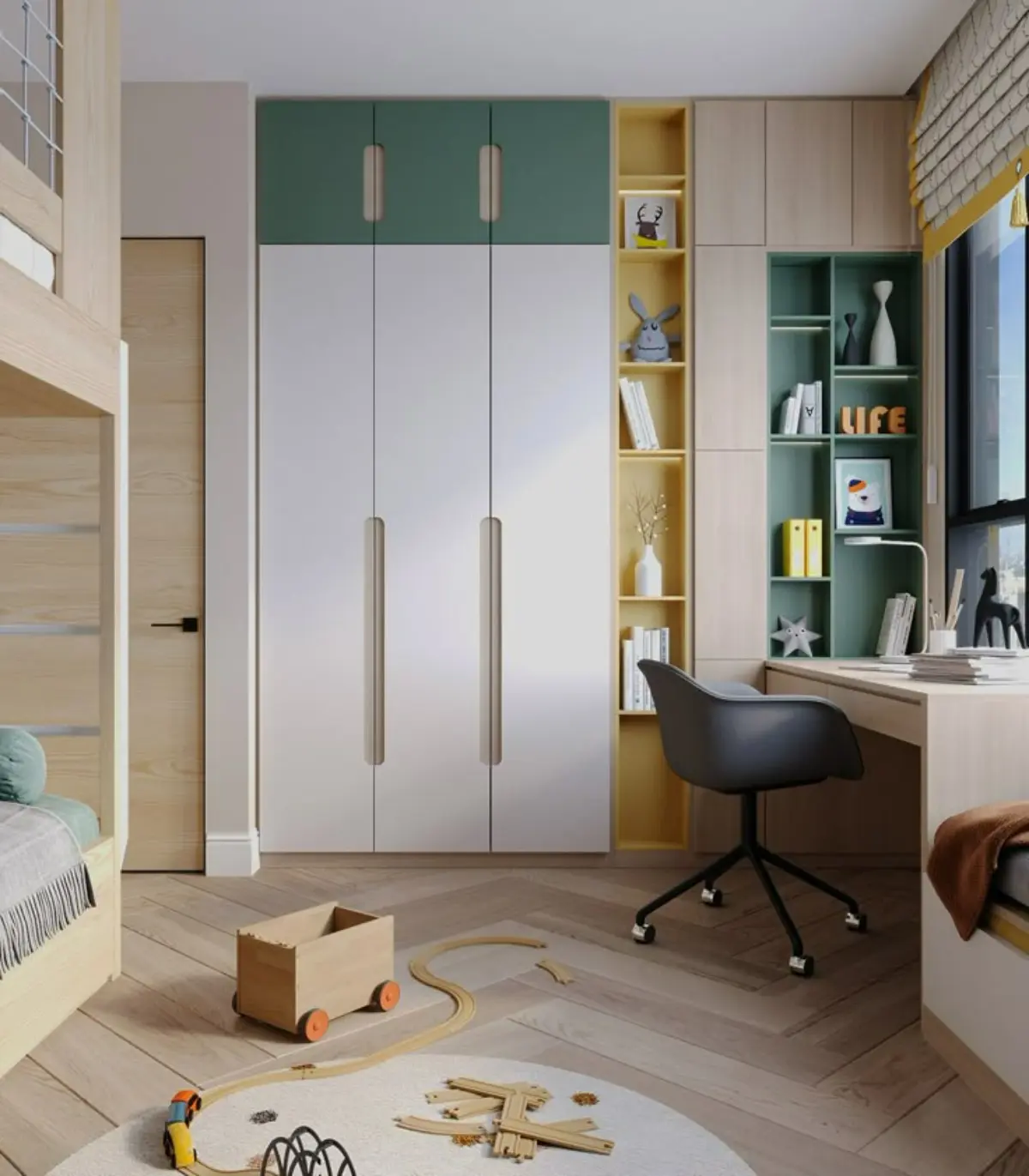 کمد دیواری مدرن سفید همراه میز تحریر مدرن چوبی در اتاق بچه