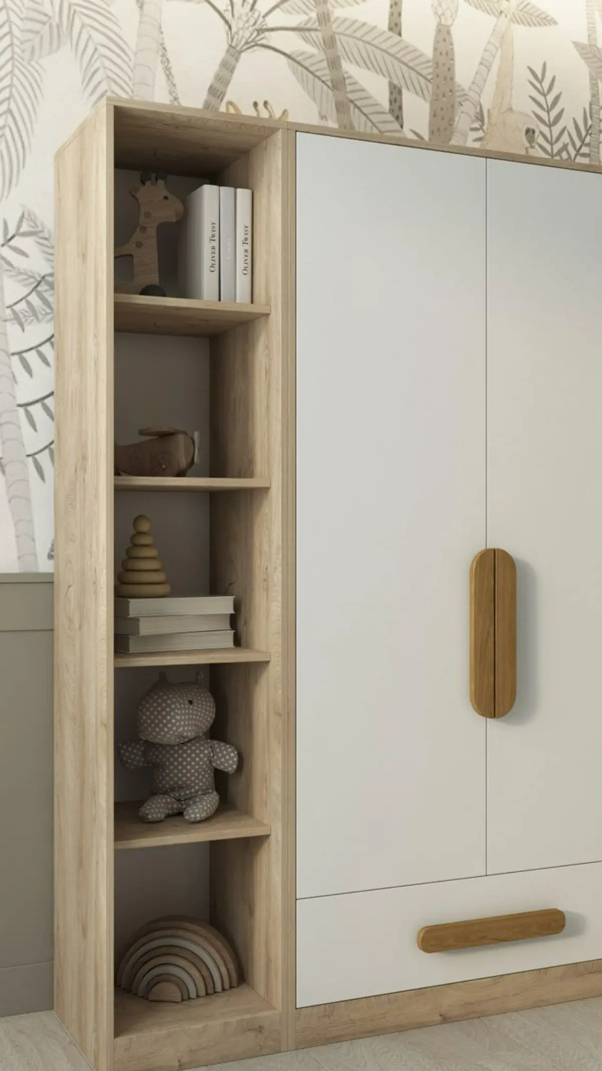 کمد دیواری مدرن سفید با دستگیره طلایی و شلف چوبی