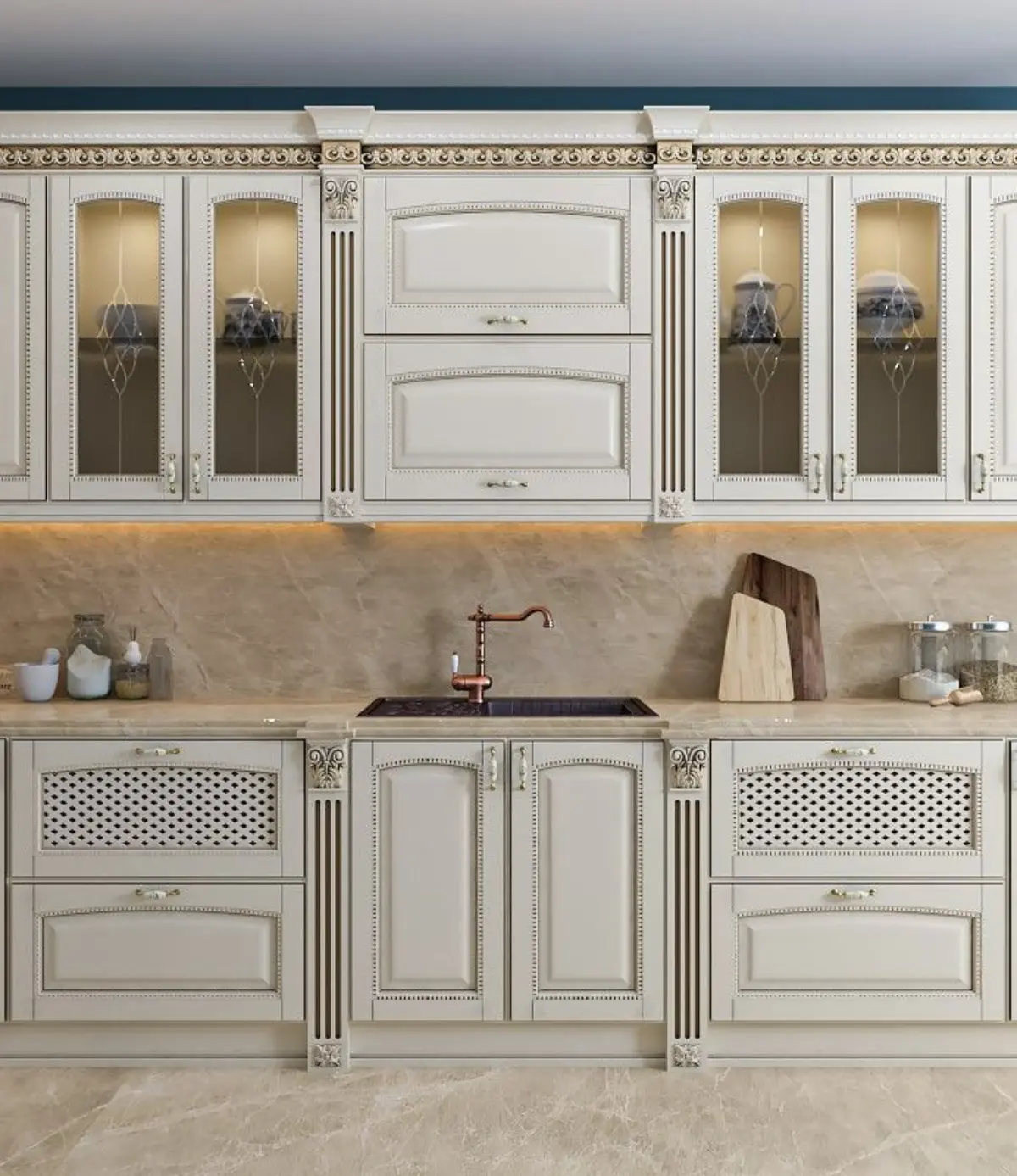 کابینت کلاسیک سفید طلایی با درب ویترینی