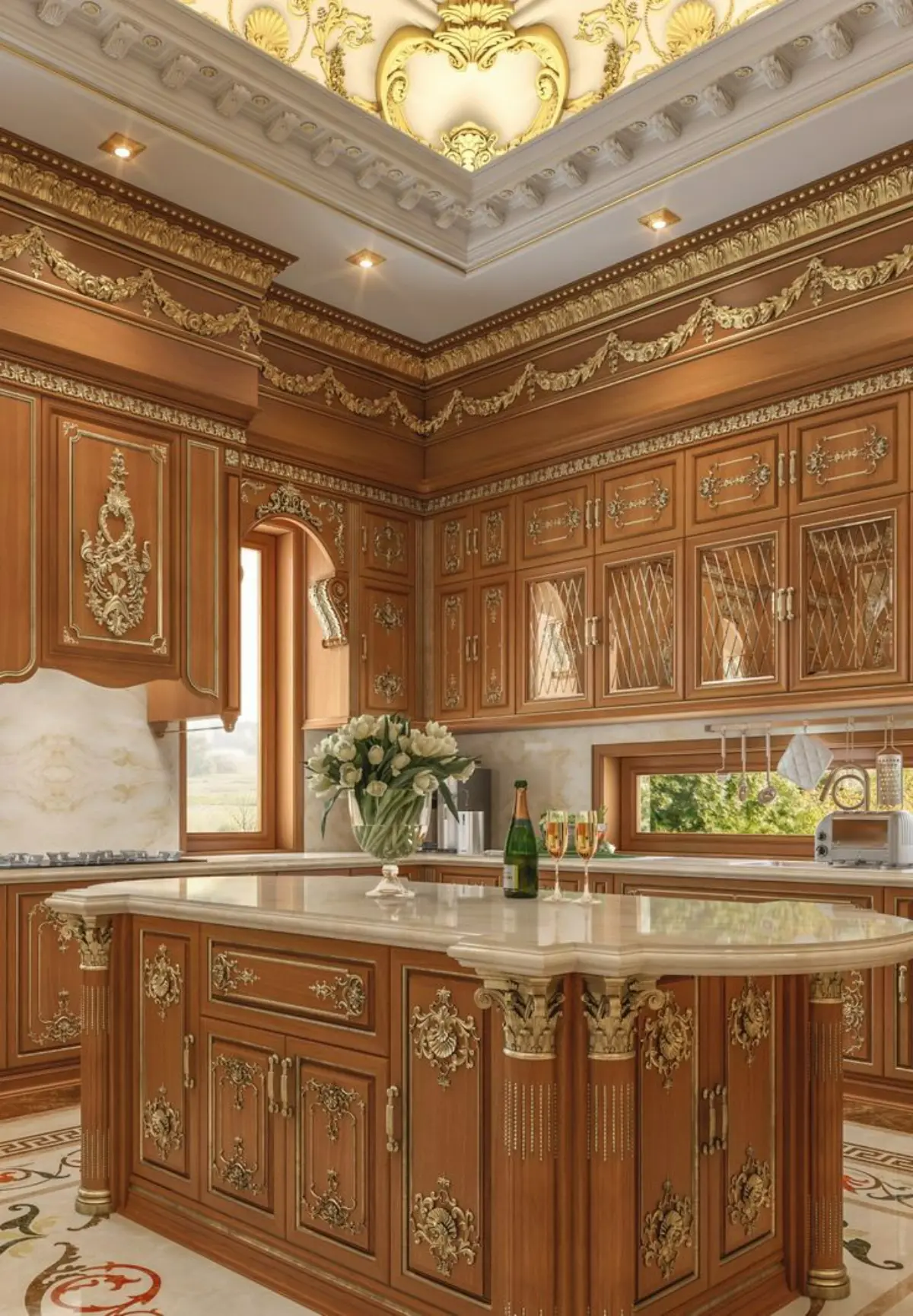 کابینت کلاسیک چوبی با منبت کاری طلایی