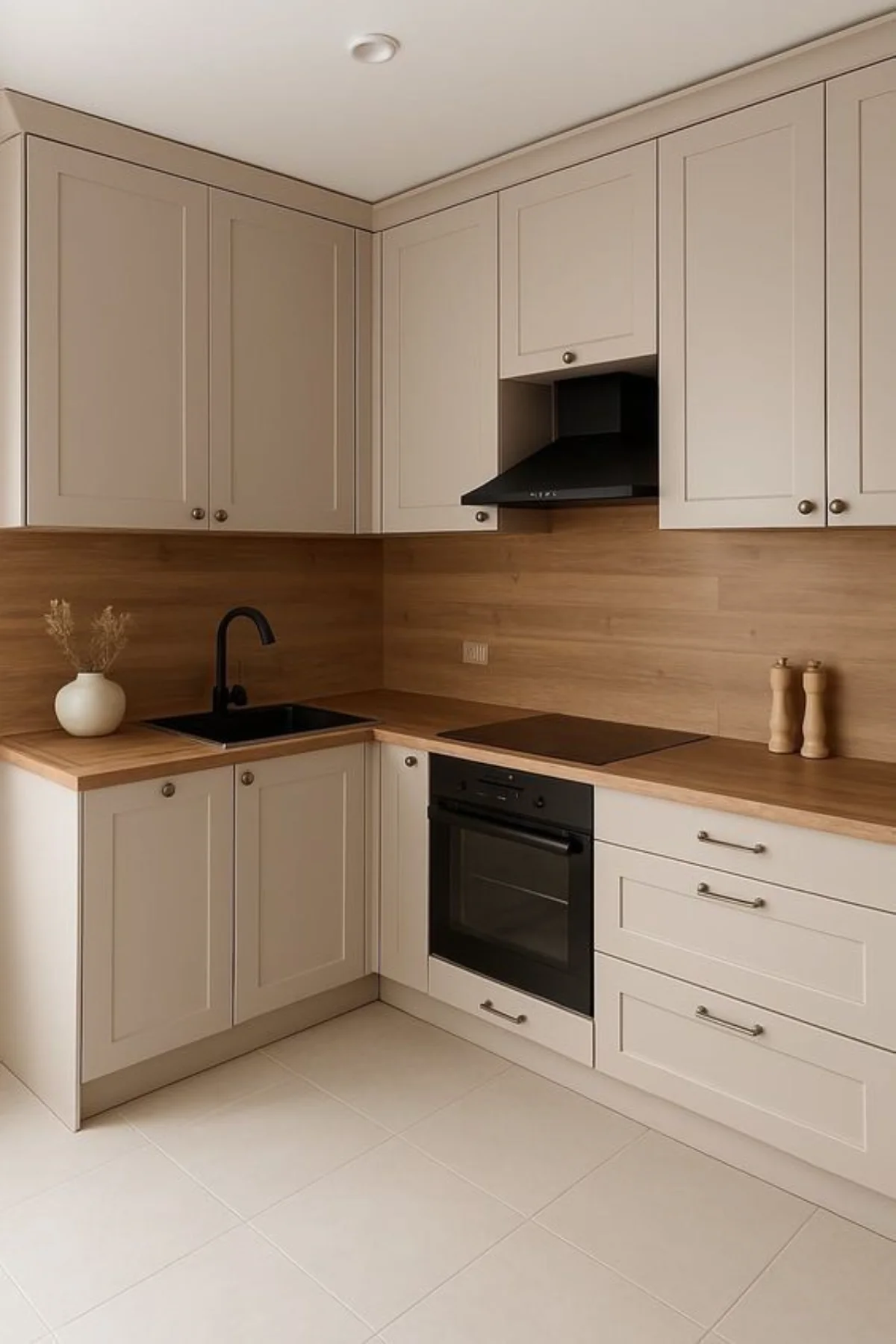 کابینت نئوکلاسیک کرم با بین‌کابینتی چوبی