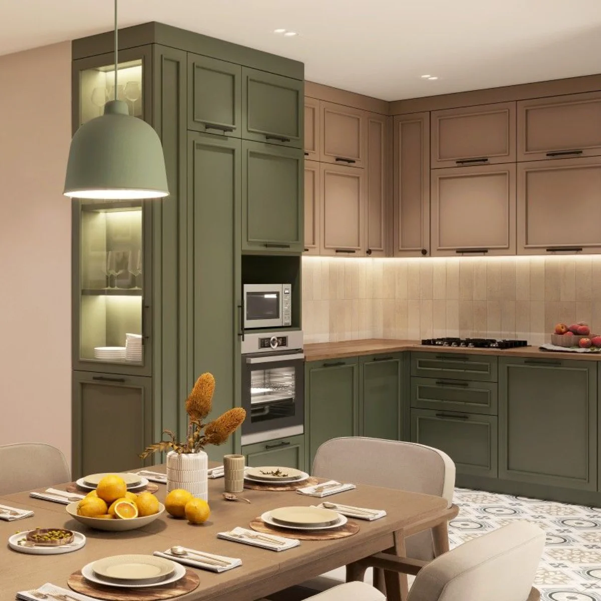 کابینت نئوکلاسیک سبز و قهوه‌ای با کابینت کمدی در یک سمت و فر و گاز توکار با سه کشو در زیر گاز 