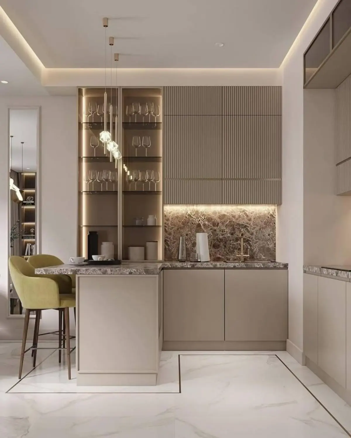 کابینت  وکانتر ال شکل مدرن بدون دستگیره با درب ویترینی