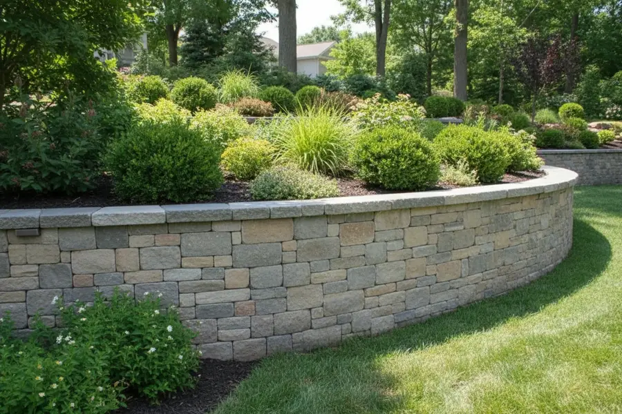 دیوار کوتاه دور باغچه با سنگ مالون صاف و کرم مایل به طوسی