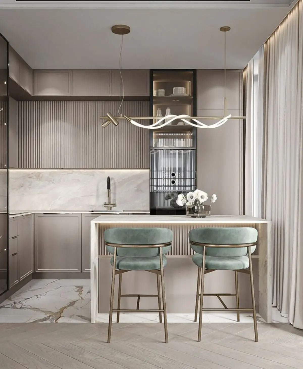 کابینت ام دی اف مدرن بژ بدون دستگیره همراه با کانتر