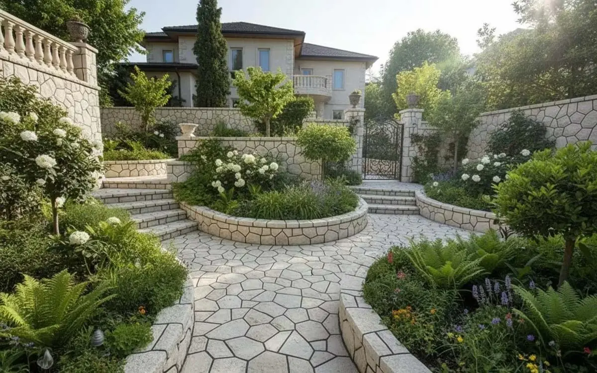 ویلایی بزرگ و زیبا طراحی شده با گل و گیاه فراوان و سنگ مالون در حیاط، دیوار، پلهها و نمای خانه