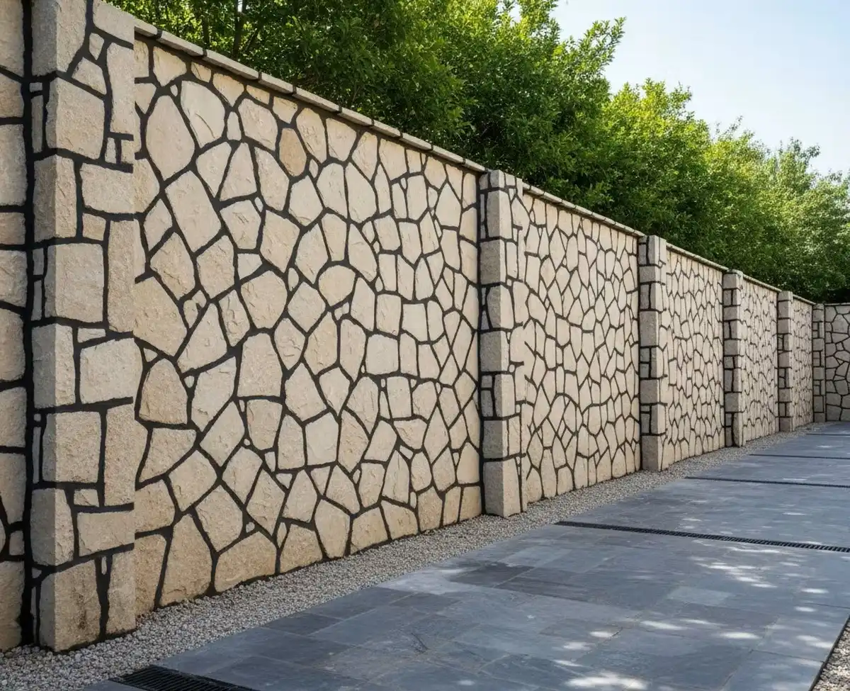 سنگ نمای مالون به کار رفته در دیوار خانهای با سطوح ناهموار و کرم رنگ