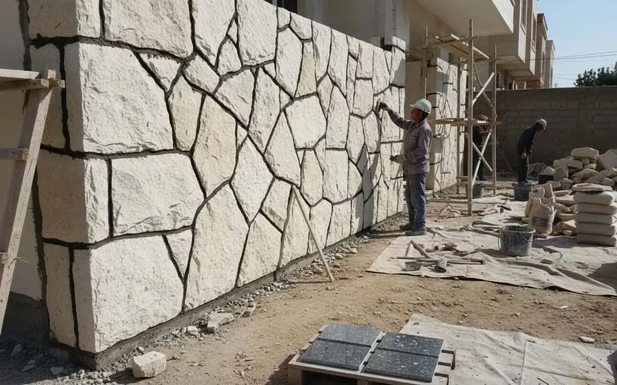 افرادی در حال طراحی سنگ مالون و استفاده از آن در دیوارچینی و محوطهسازی یک خانه