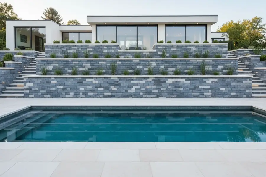 دیوارچینی مدرن اطراف استخر با سنگ مالون تراش خورده آبی خاکستری