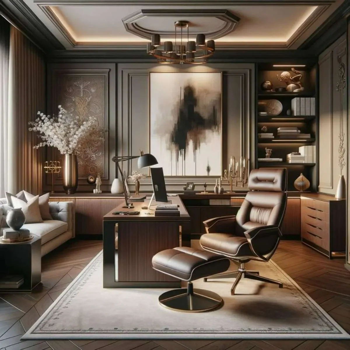 دکوراسیون اداری نئوکلاسیک با میز قهوهای و صندلی چرمی