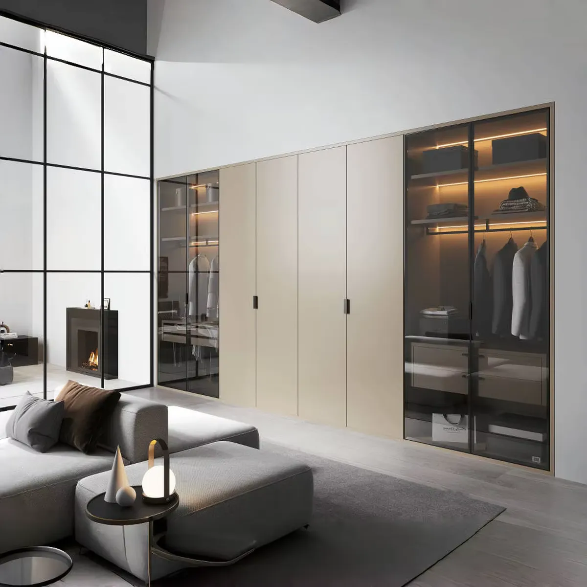 کمد دیواری مدرن کرم با روکش کاغذی و دربهای شیشهای