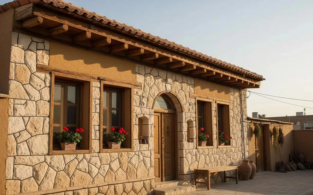 سنگ مالون با بافت خام و رنگ طبیعی کرم رنگ در خانهای روستایی و سنتی