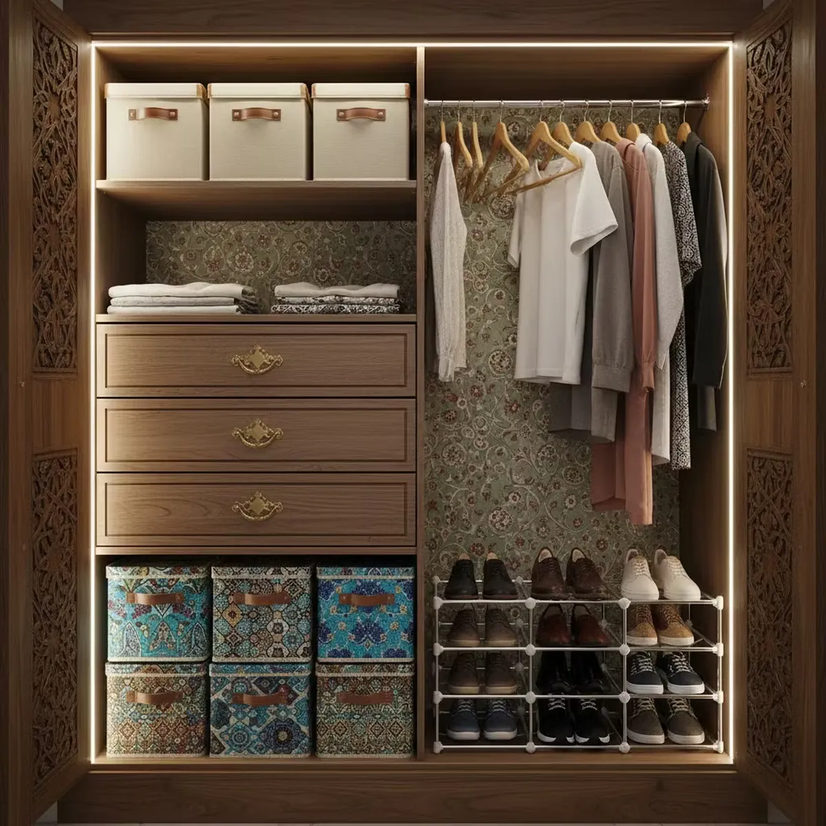 استفاده بهینه از فضای درون کمد دیواری پس از بازسازی و اضافه کردن چندین کشو و محفظه نگهداری وسایل