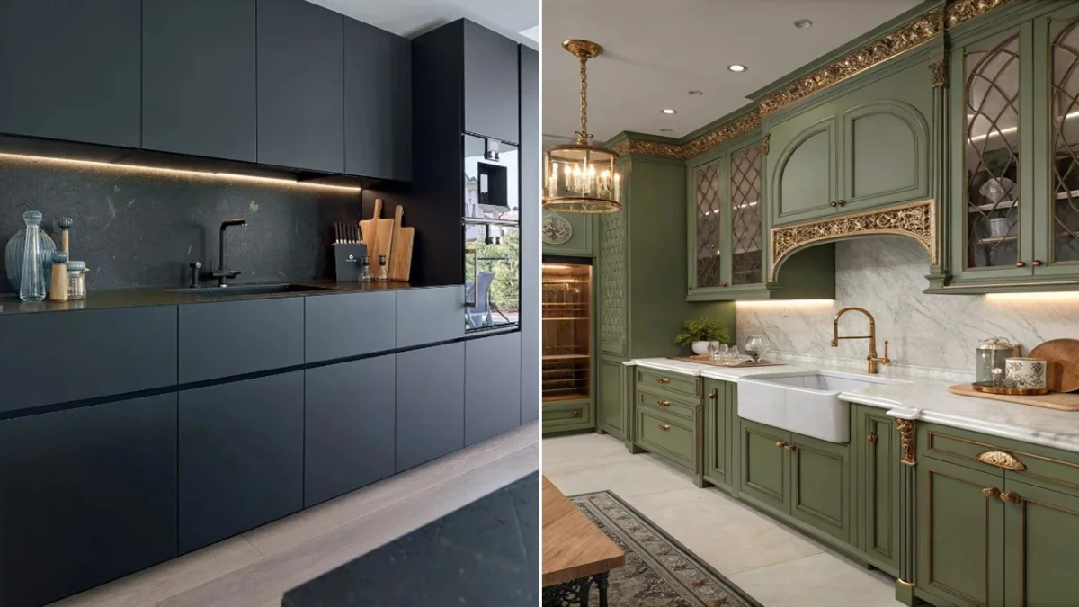 کابینت مدرن آبی بدون دستگیره و کابینت کلاسیک سبز طلایی
