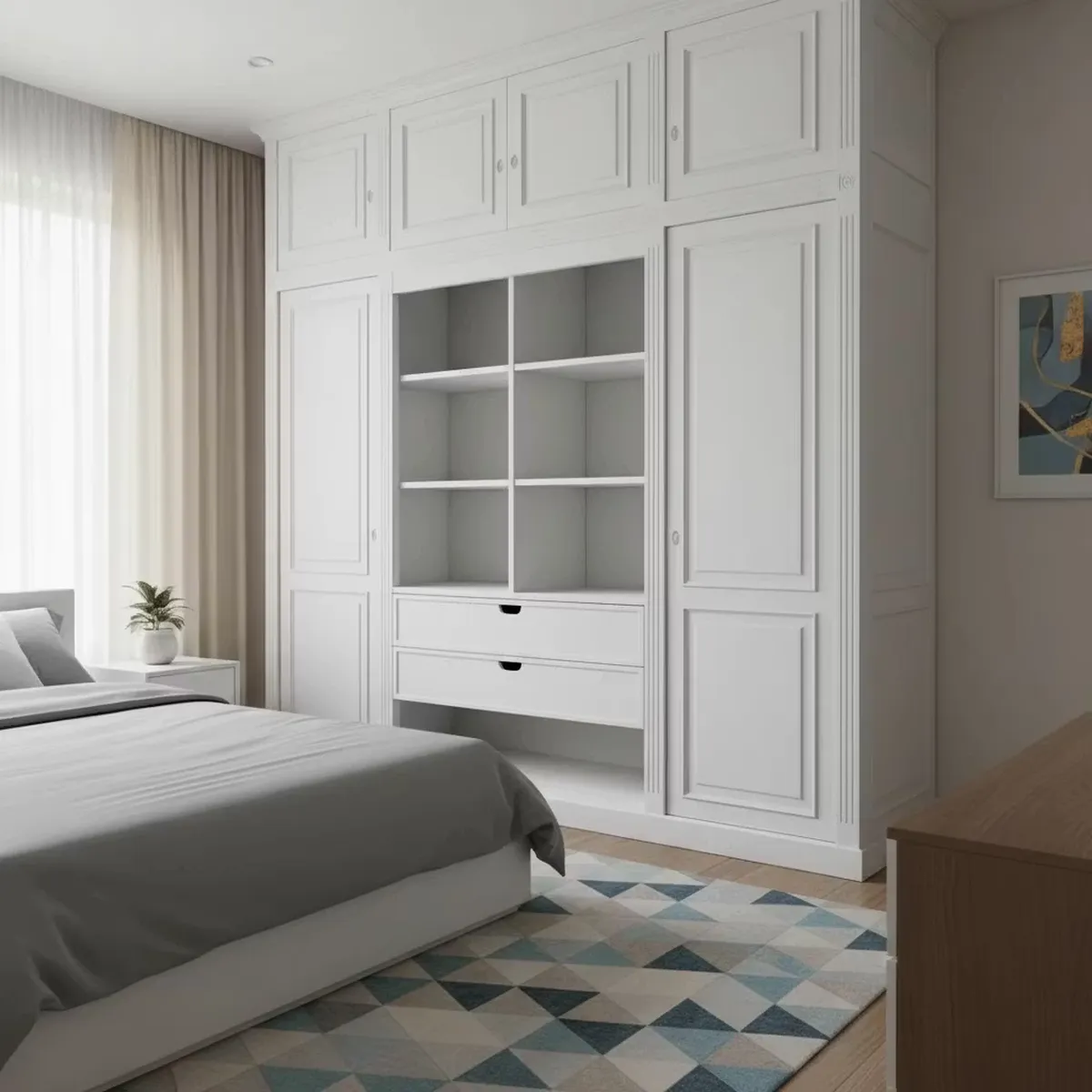 کمد دیواری سفید نئوکلاسیک با طبقات و کشوهای متعدد