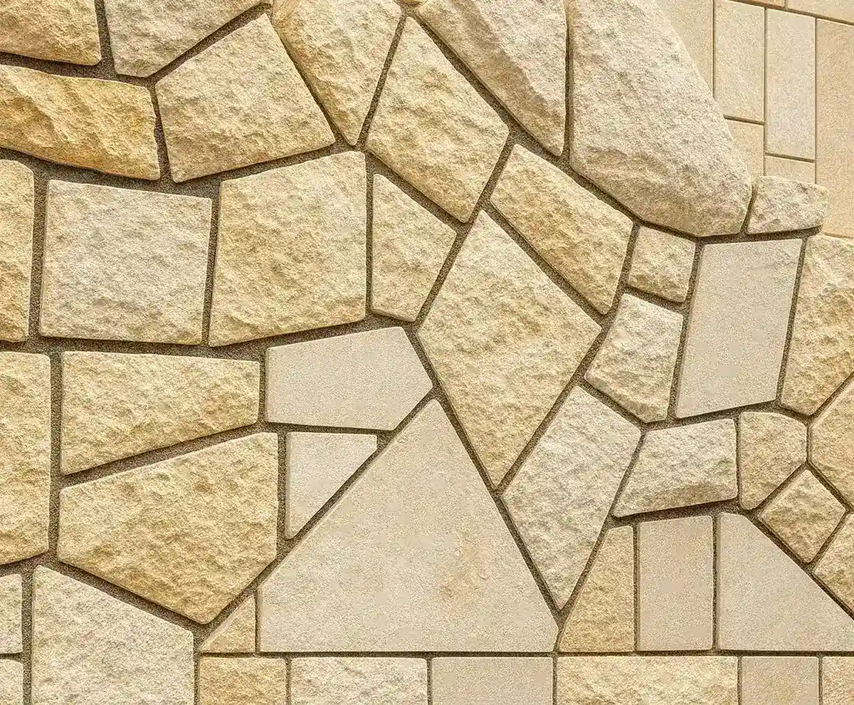 سنگ مالون کرم رنگ مایل به زرد با ترکیبی از سنگ ورقهای و مربعی (تراشخورده)