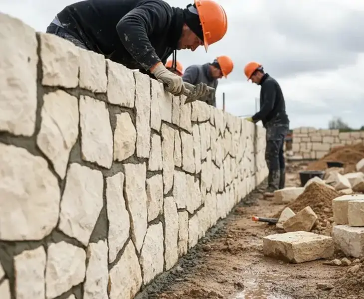 کارگران در حال اجرای سنگ مالون نامنظم کوهی تراش نخورده در ابعاد متفاوت در رنگ کرم در محیط مرطوب