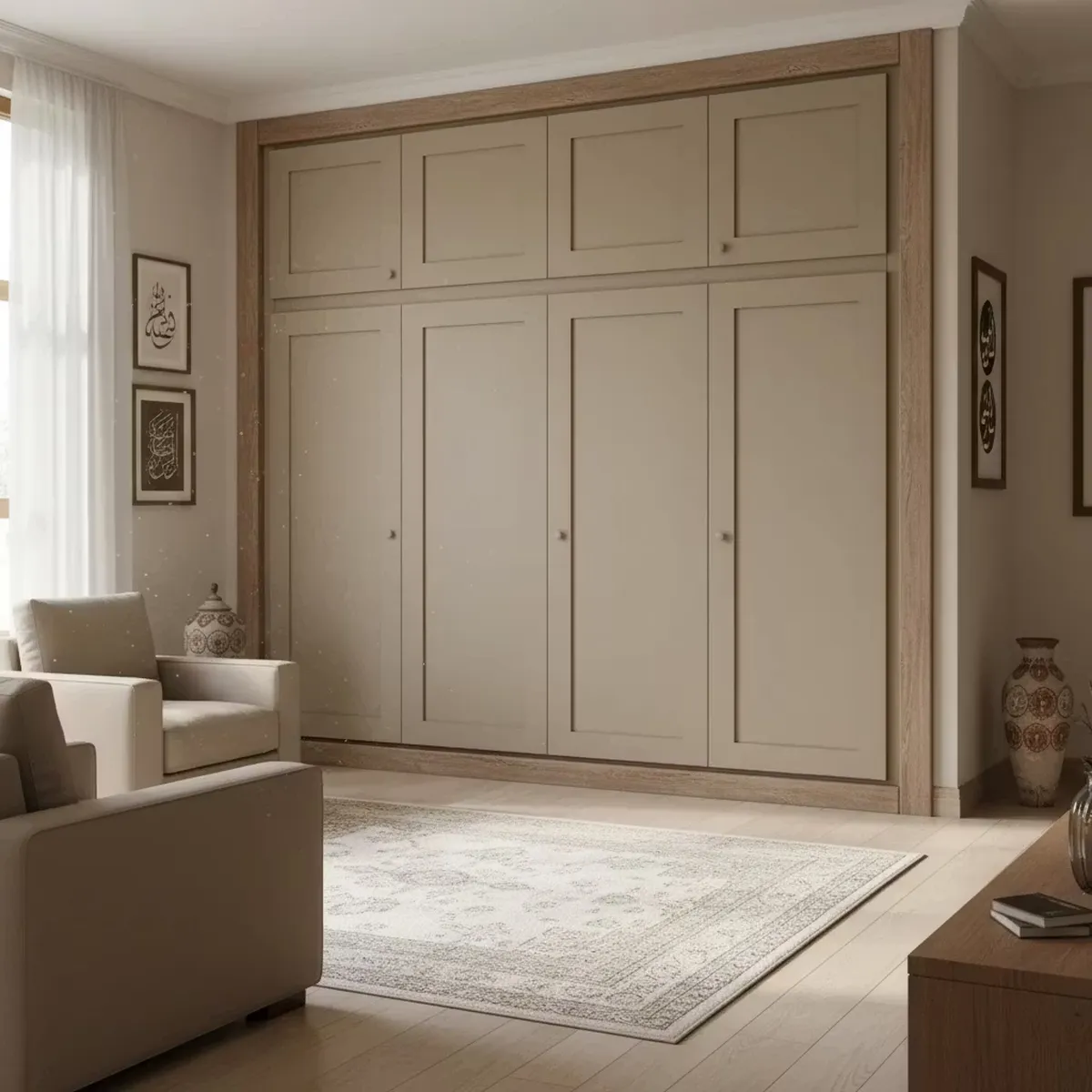 کمد دیواری چوبی نئوکلاسیک نسکافهای با درب دکمهای