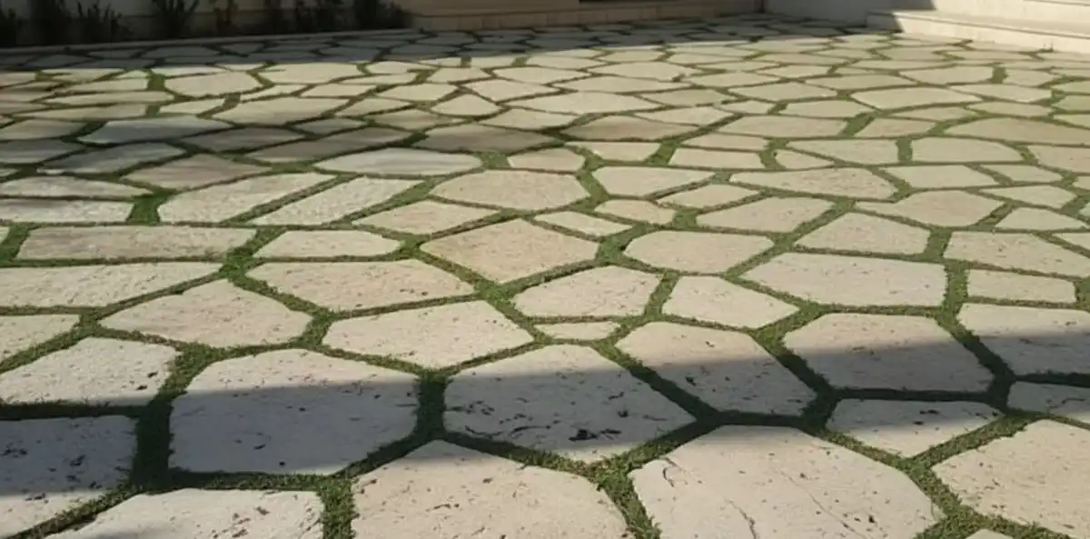 سنگ مالون کف در رنگ کرم و بژ، همراه با چمن مصنوعی بین درزها