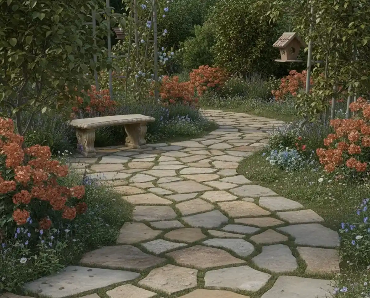 مسیر پیادهروی در فضای باغ، اجرا شده با سنگ مالون نامنظم با چمن یا پوشش سبز طبیعی در فاصله بین سنگها