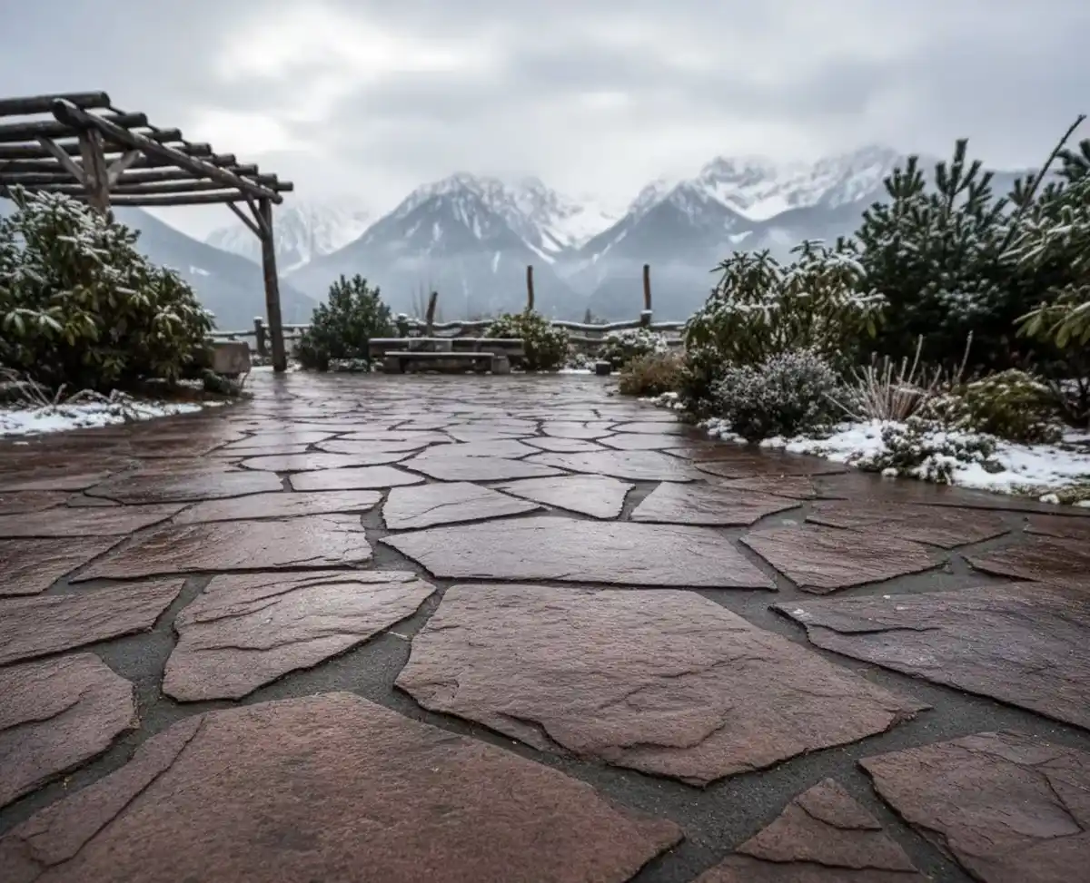 کف باغ ویلا با سنگ مالون نامنظم در یک اقلیم کوهستانی سرد