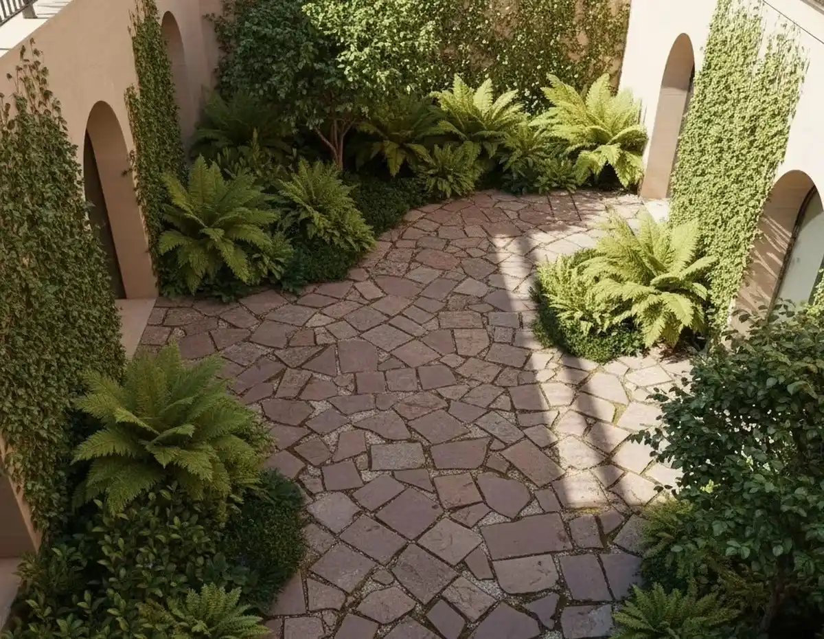 مسیر پیادهروی حیاط با سنگ مالون نامنظم در محیط مرطوب و سرسبز، با گیاهان اطراف و کمی خزه بین درز سنگها