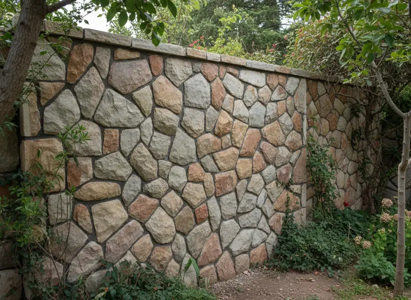 دیوار باغ ساختهشده با سنگ مالون چندرنگ با حالتی طبیعی و نامنظم در رنگهای قهوهای، قرمز و طوسی