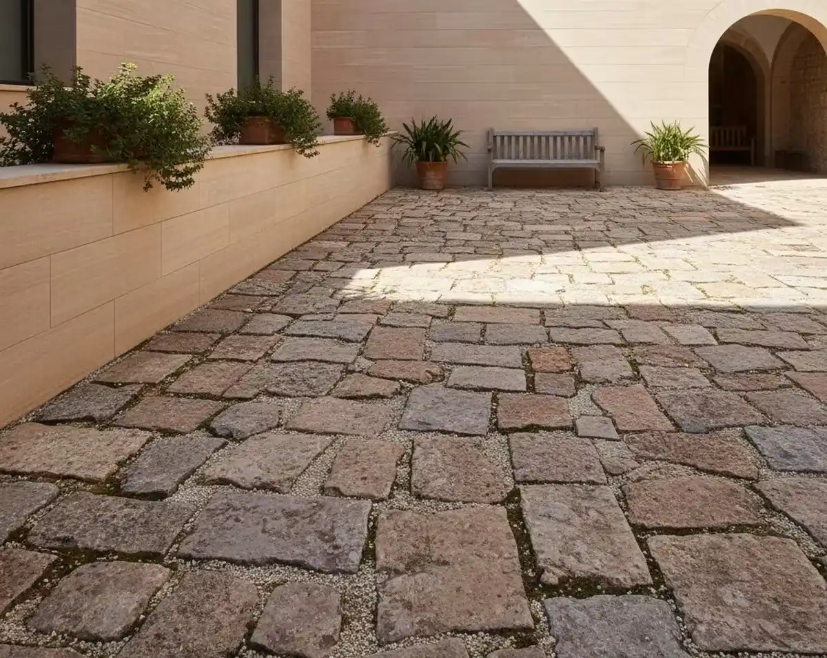 کف حیاط با سنگ مالون به رنگ قرمز و طوسی