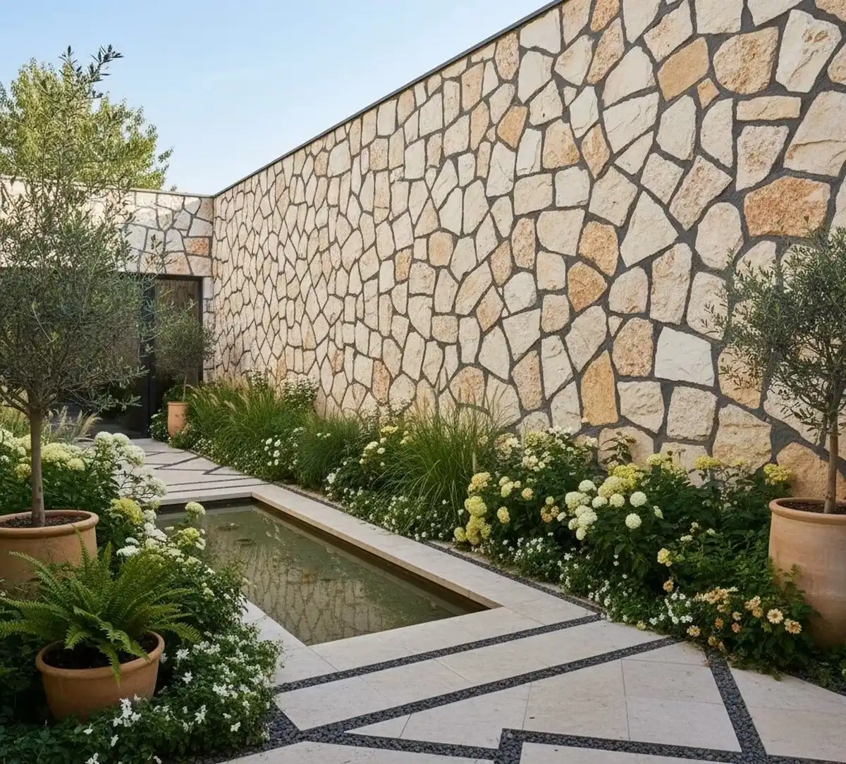 سنگ مالون در دیوار و نمای خانهای در رنگ کرم، قهوهای و سفید