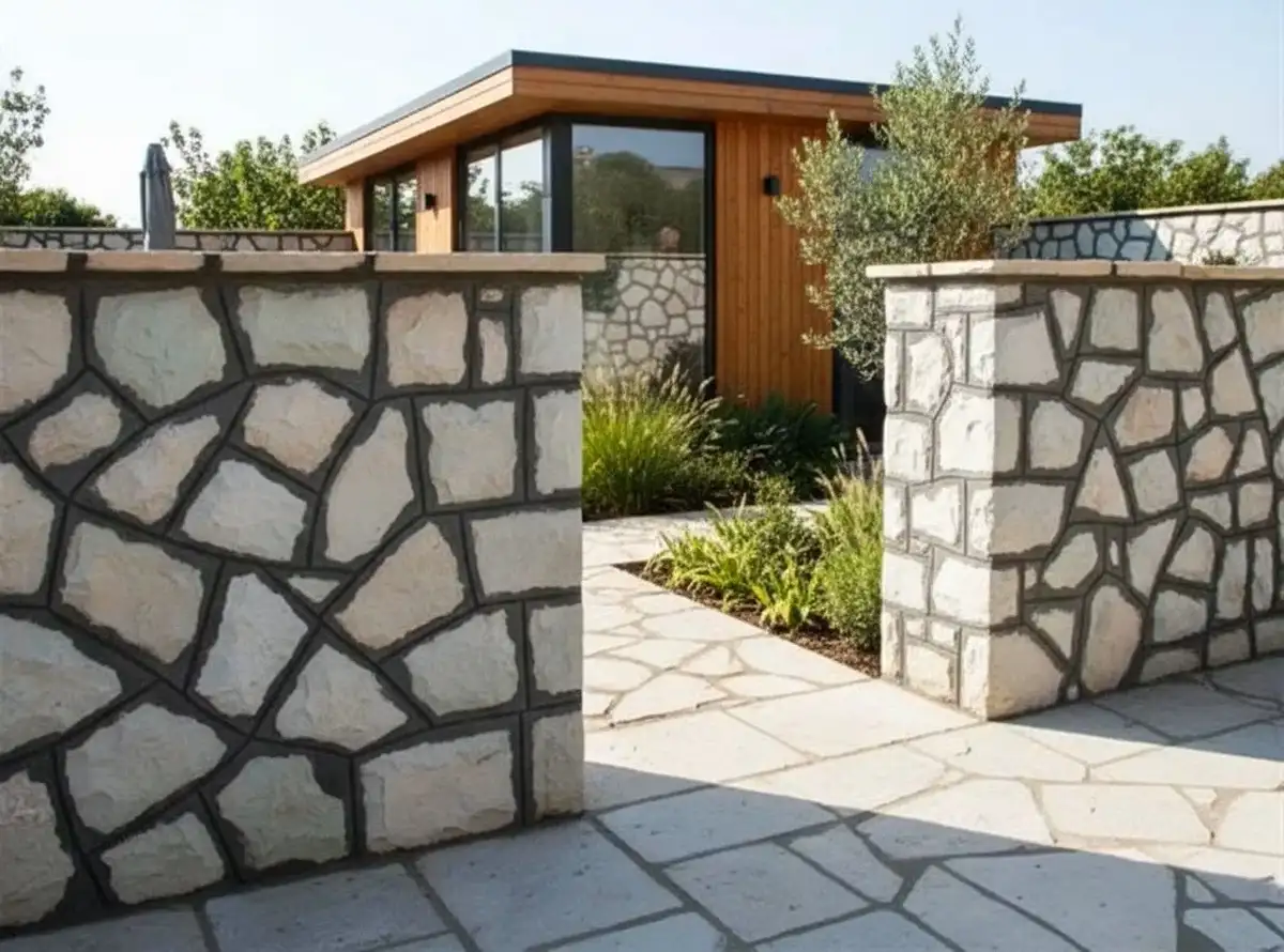 خانهای ویلایی با دیوارهایی ساخته شده با سنگ مالون کرم رنگ با اشکال متفاوت و جذاب