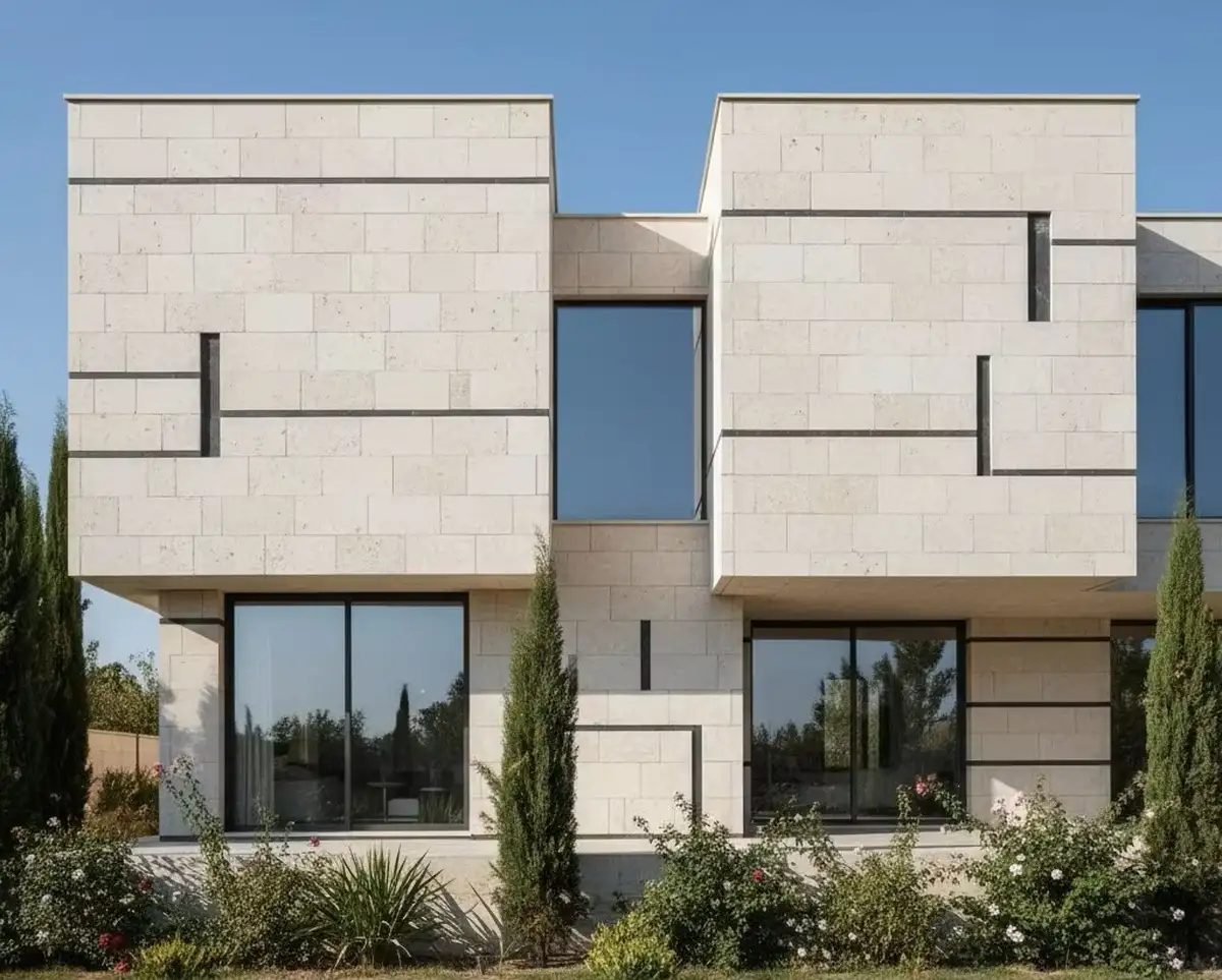ویلایی لوکس و مدرن با نمایی زیبا طراحی شده با سنگ مالون تراشخورده سفید رنگ