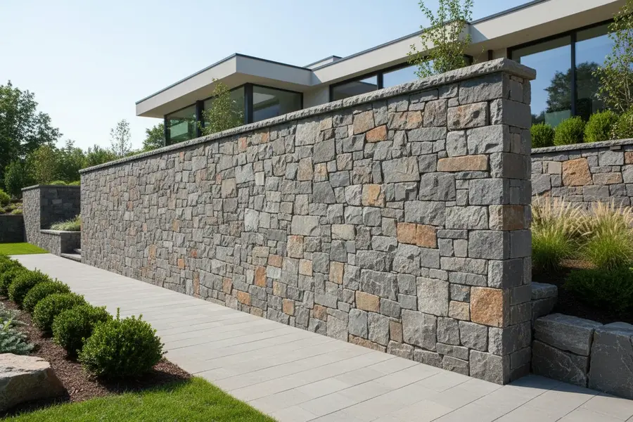 دیوار ویلایی مدرن با سنگ مالون در رنگ طوسی و کرمی منظم و تراش خورده