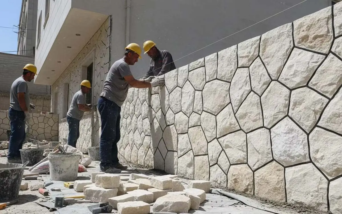 چندین فرد در حال ساخت و دیوار چینی دیوار و نمای خانهای از جنس سنگ مالون کرم رنگ با سطحی ناصاف