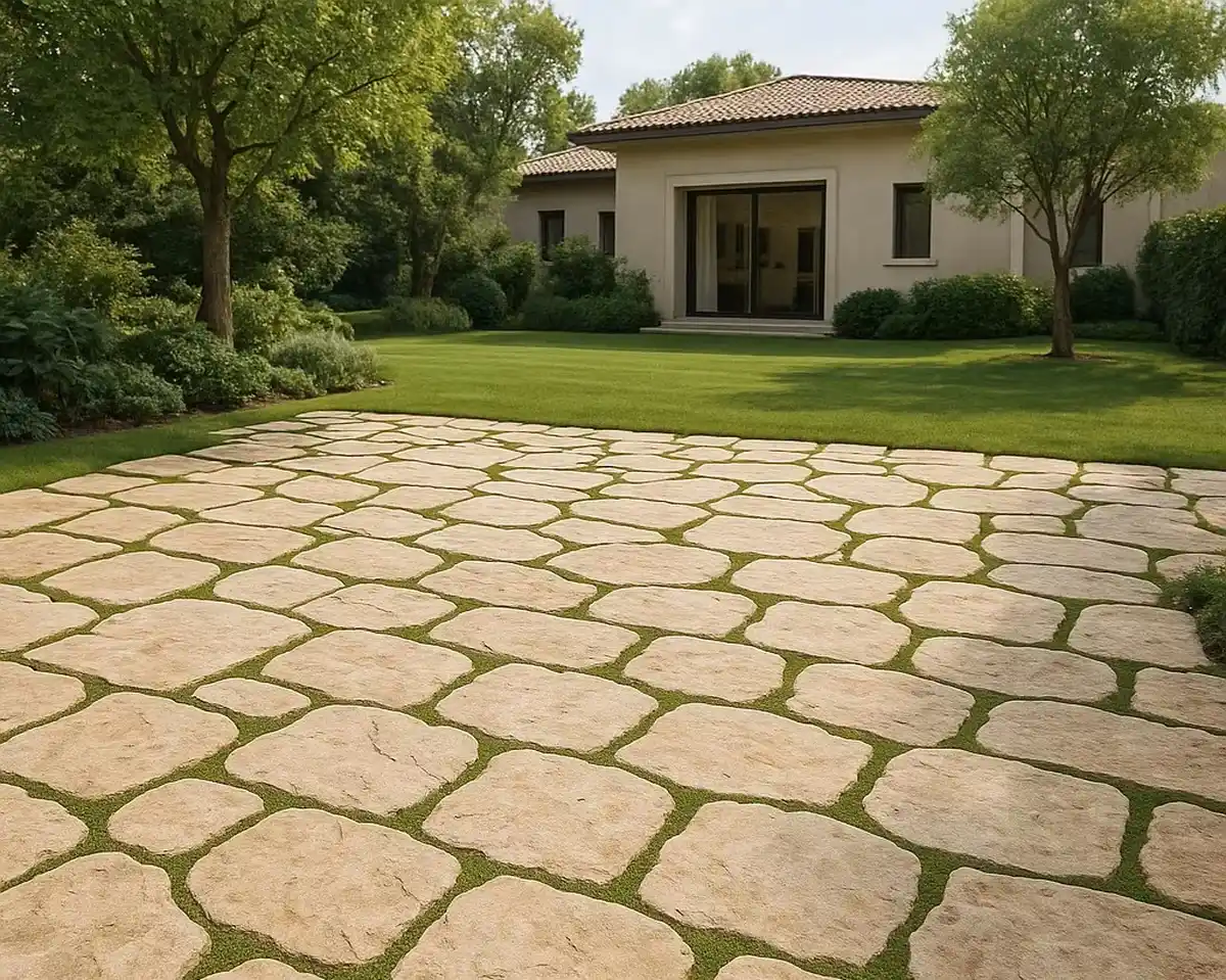 کف باغ ویلا با سنگ مالون کوهی در رنگهای کرم و بژ و چمن سبز بین سنگها