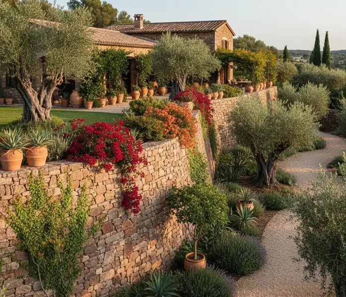 دیوار محوطه سازی ساخته شده با سنگ مالون طبیعی با بافت ناهموار و اشکال متفاوت در فضای ویلایی هماهنگ با طبیعت