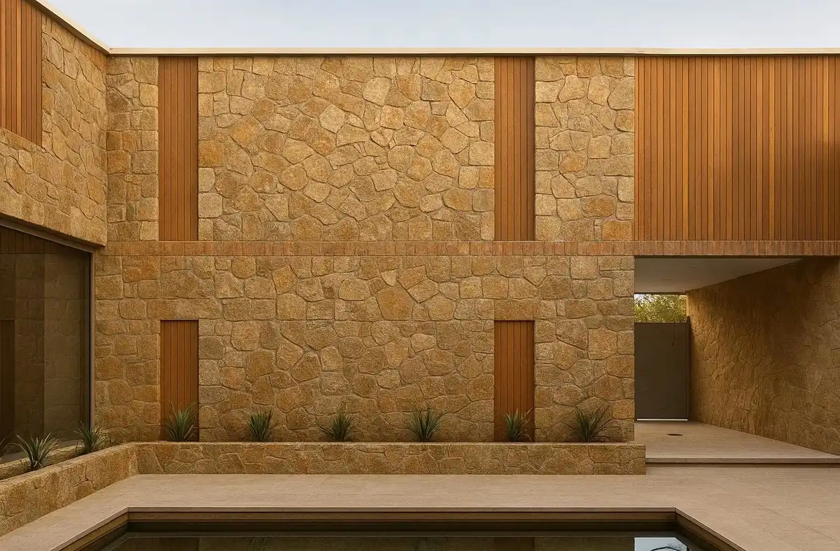 سنگ مالون کرم رنگ به کار رفته در نمای ساختمان با ترکیب چوب
