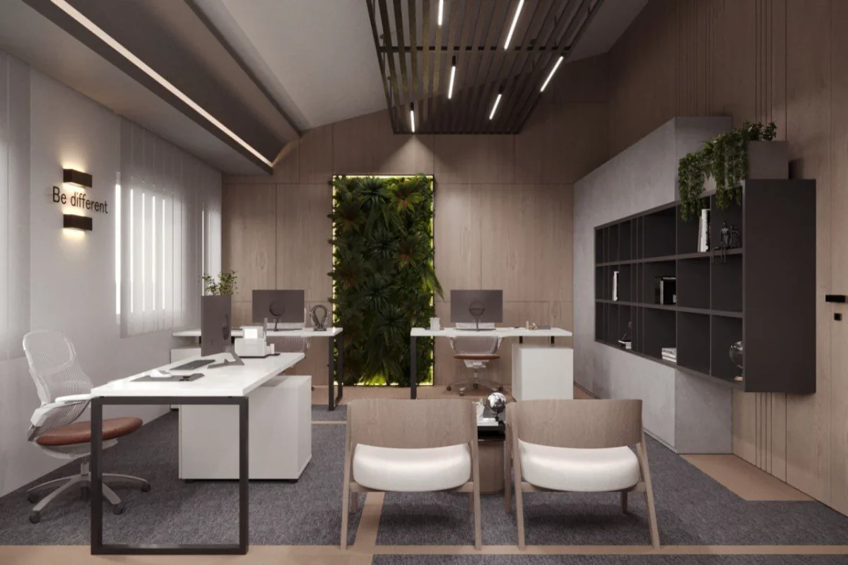 دکوراسیون اداری با میز و صندلی سفید